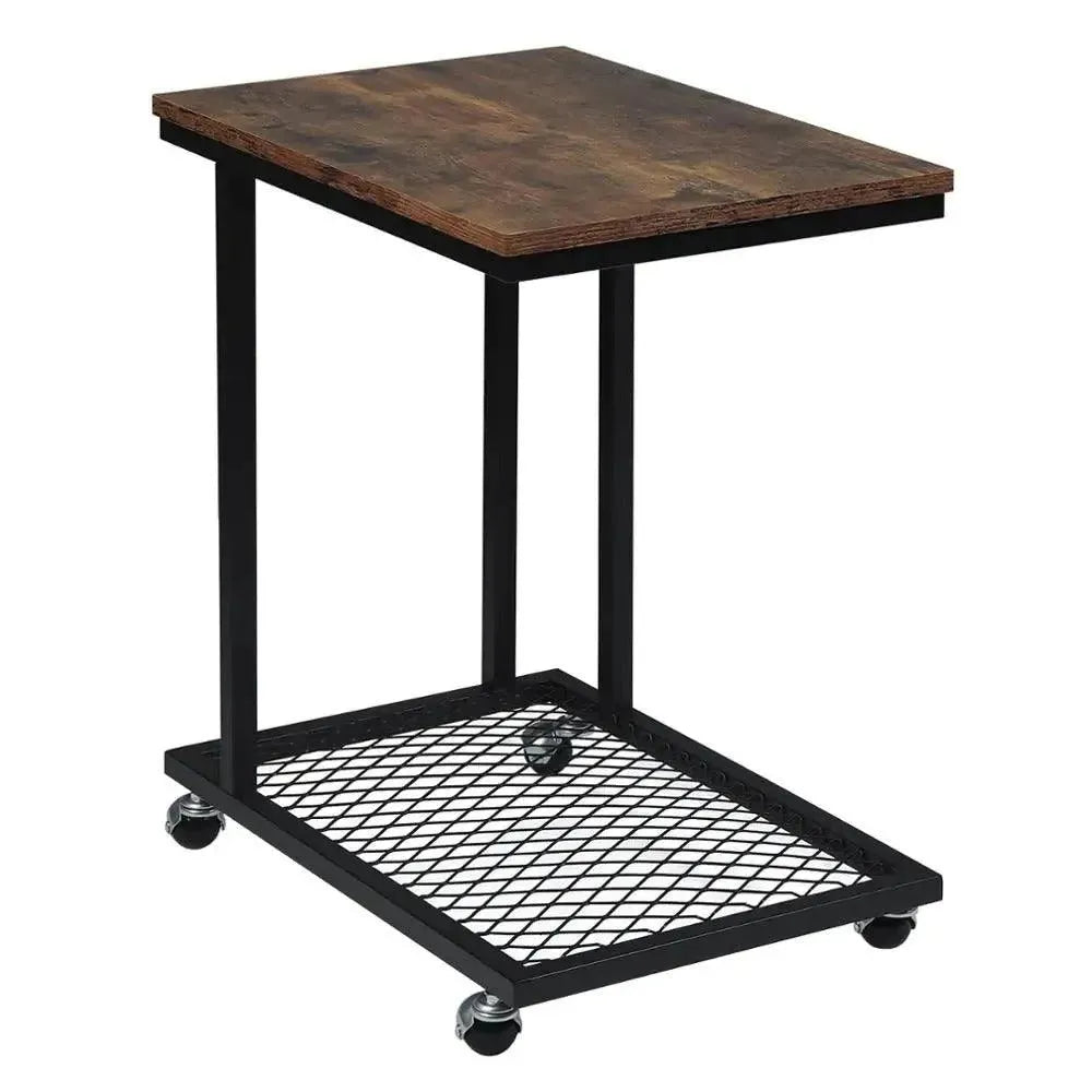 Feronza™ C-Vormige Bijzettafel op Wielen met Grid Opberplank - Industrieel Koffietafel en Laptoptafel - Feronza